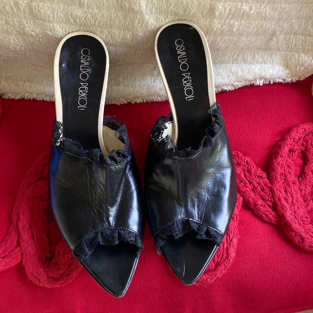 Osvaldo  Pericoli Vintage Sexy Black Leather Lace Slides Made in Italy 🇮🇹